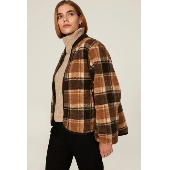 The Great Tartan Plaid Full-Zip Sherpa Relaxed Bomber Jacket Boho Brown Medium - Picture 4 of 13